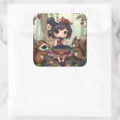 Chibi Fee Eet Zwartbes Met Bosvriend Vierkante Sticker (Tas)