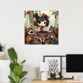 Chibi Fee Eet Zwartbes Met Bosvrienden Poster (Thuiskantoor)