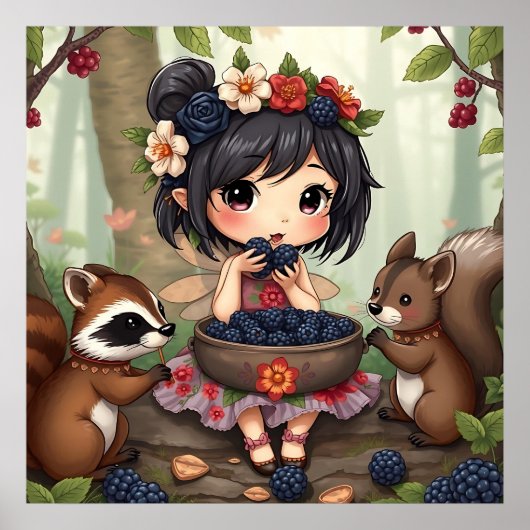Chibi Fee Eet Zwartbes Met Bosvrienden Poster (Voorkant)