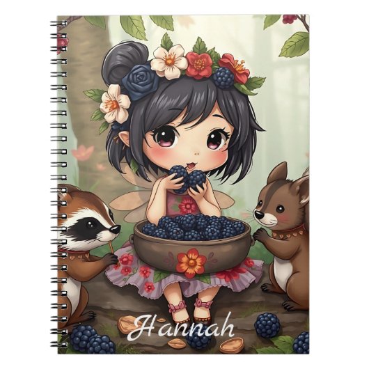 Chibi Fee Eet Zwarte Bramen met Bosvrienden Notitieboek (Voorkant)