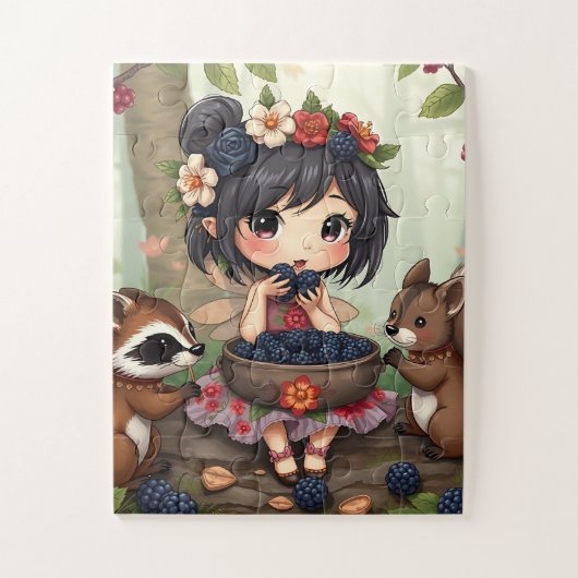 Chibi Fee Eet Zwartenbessen met Bosvrienden Legpuzzel (Verticaal)