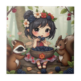 Chibi Fee Eet Zwartenbessen met Bosvrienden Tegeltje