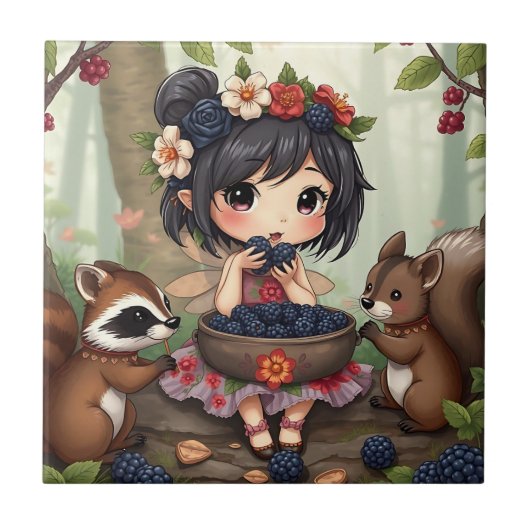 Chibi Fee Eet Zwartenbessen met Bosvrienden Tegeltje (Voorkant)