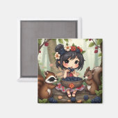 Chibi Fee Eetend Zwarte Bramen met Bosvrienden Magneet (Voorkant / Achterkant)