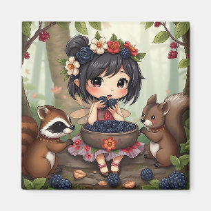 Chibi Fee Eetend Zwarte Bramen met Bosvrienden Magneet