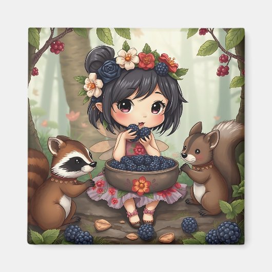 Chibi Fee Eetend Zwarte Bramen met Bosvrienden Magneet (Voorkant)