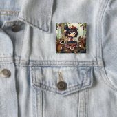 Chibi Fee Eetend Zwarte Bramen met Bosvrienden Vierkante Button 5,1 Cm (In situ)