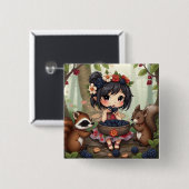 Chibi Fee Eetend Zwarte Bramen met Bosvrienden Vierkante Button 5,1 Cm (Voorkant /achterkant)