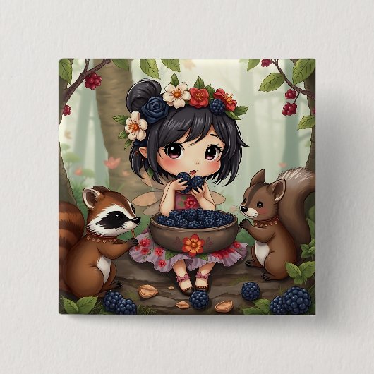 Chibi Fee Eetend Zwarte Bramen met Bosvrienden Vierkante Button 5,1 Cm (Voorkant)