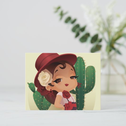 Chibi flamenco in het spaans pet en cactuses briefkaart (Staand voorkant)
