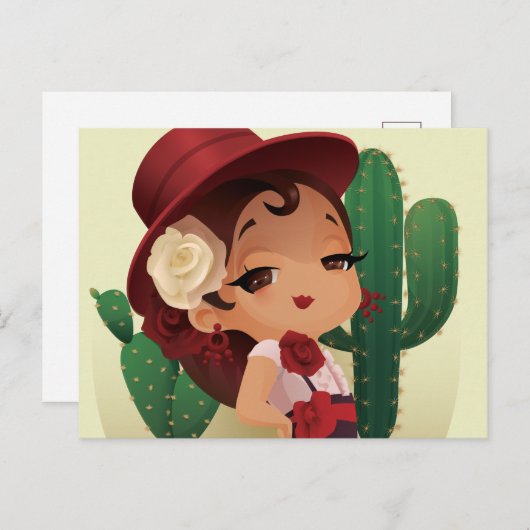 Chibi flamenco in het spaans pet en cactuses briefkaart (Voorkant / Achterkant)