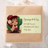 Chibi flamenco in het spaans pet en cactuses etiket (Insitu)