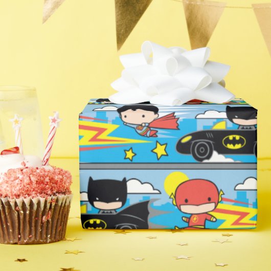 Chibi Flash, Superman en Batman Racing Pattern Cadeaupapier (Verjaardagsfeest)
