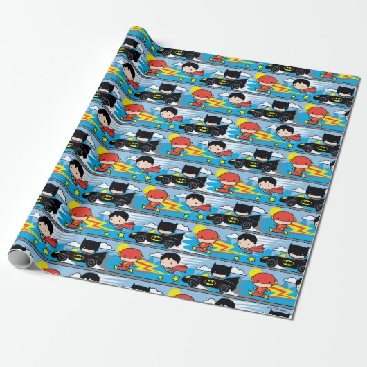 Chibi Flash, Superman en Batman Racing Pattern Cadeaupapier (Uitgerold)