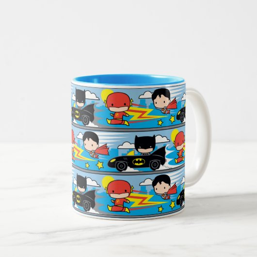 Chibi Flash, Superman en Batman Racing Pattern Tweekleurige Koffiemok (Voorkant rechts)