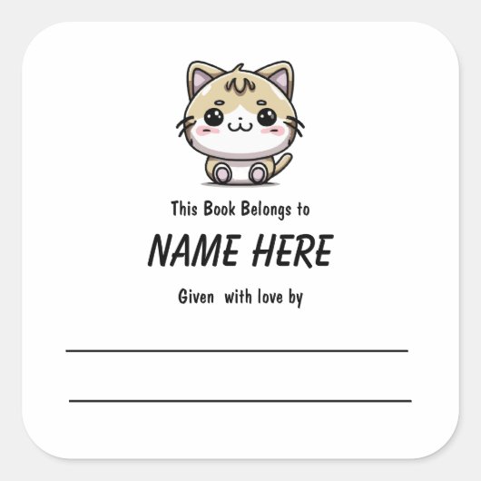 Chibi Ginger Cat Children's Bookplate met bericht Vierkante Sticker (Voorkant)