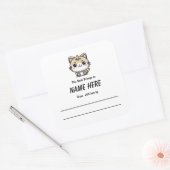 Chibi Ginger Cat Children's Bookplate met bericht Vierkante Sticker (Envelop)