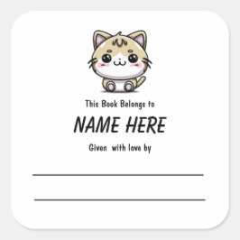 Chibi Ginger Cat Children's Bookplate met bericht Vierkante Sticker