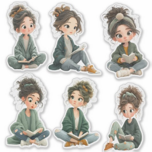 Chibi Girl Reading Sticker Sheet (Voorkant)