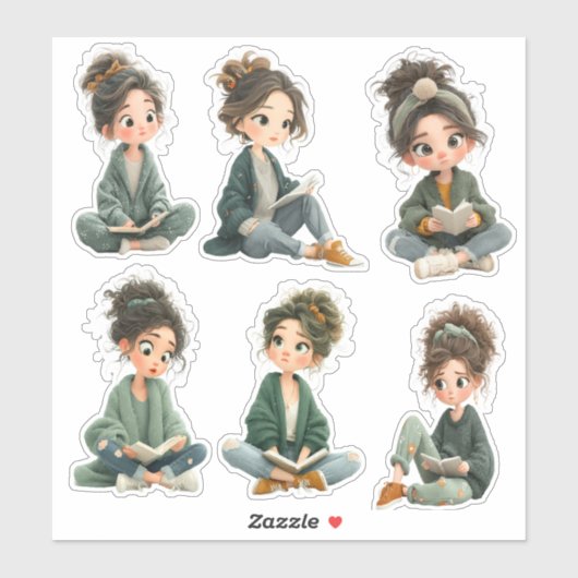 Chibi Girl Reading Sticker Sheet (Vel)