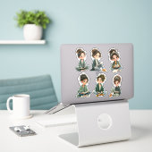 Chibi Girl Reading Sticker Sheet (Laptop op bureau)