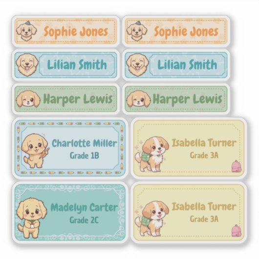 Chibi Golden Retriever Naam Labels – Pastel School (Voorkant)