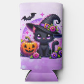 Chibi Halloween Zwarte Kat en Pompoen Gepersonalis Seltzer Blikjeskoeler (Voorkant)