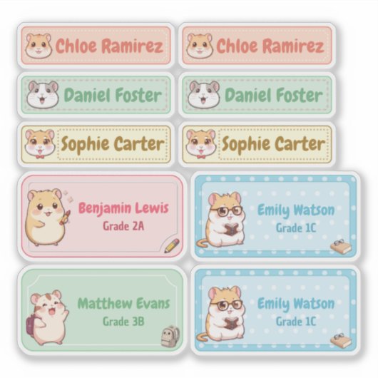 Chibi Hamster Naam Labels – Pastel School Stickers (Voorkant)