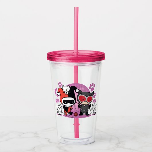 Chibi Harley Quinn en Chibi Catoman met katten Acryl Drinkbeker (Voorkant)
