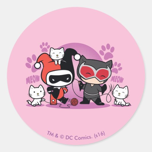 Chibi Harley Quinn en Chibi Catoman met katten Ronde Sticker (Voorkant)