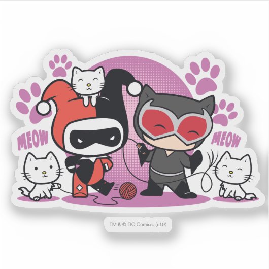 Chibi Harley Quinn en Chibi Catoman met katten Sticker (Voorkant)