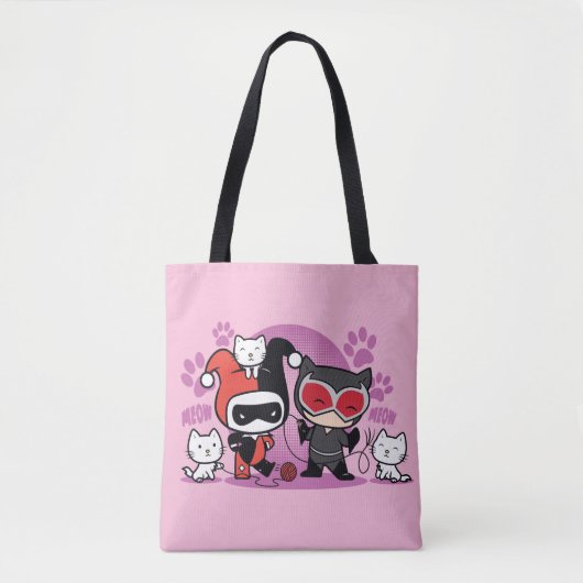 Chibi Harley Quinn en Chibi Catoman met katten Tote Bag (Voorkant)