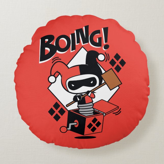 Chibi Harley-Quinn-In-A-Box met Hammer Rond Kussen (Voorkant)