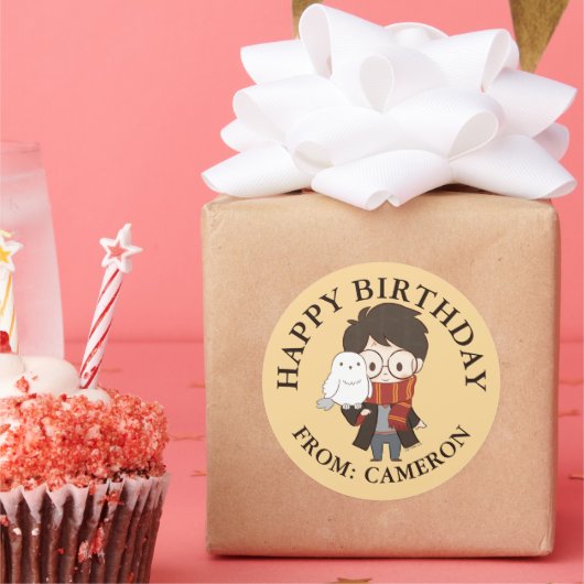 Chibi HARRY POTTER™ & Hedwig | Gefeliciteerd Ronde Sticker (Feest)