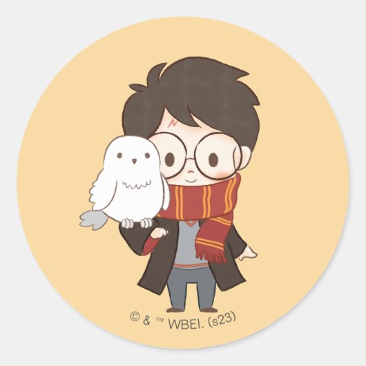 Chibi HARRY POTTER™ & Hedwig Ronde Sticker (Voorkant)