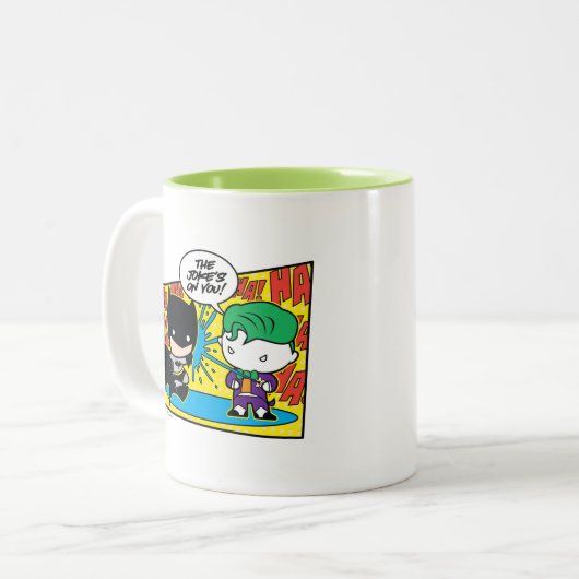 Chibi Joker Pranking Chibi Batman Tweekleurige Koffiemok (Voorkant links)