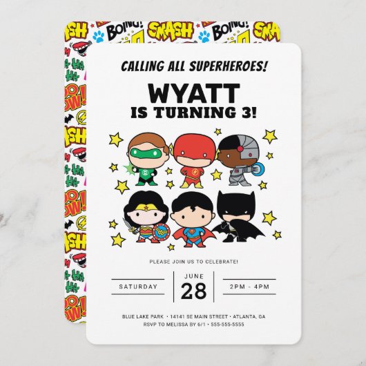 Chibi Justice League Birthday Invitation Kaart (Voorkant / Achterkant)