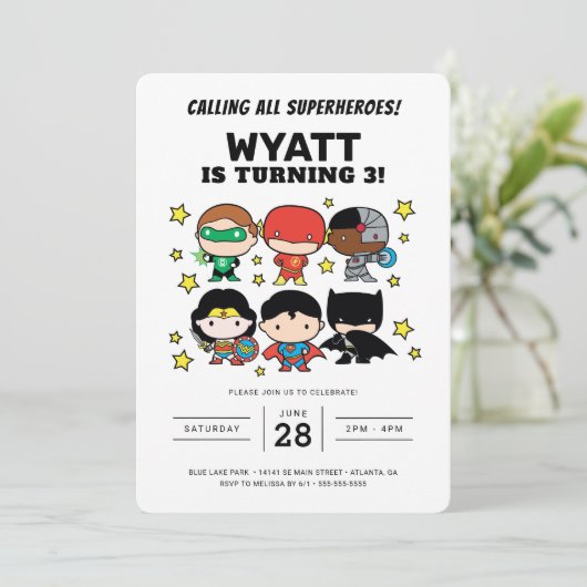 Chibi Justice League Birthday Invitation Kaart (Staand voorkant)