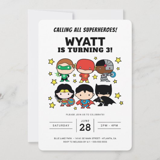 Chibi Justice League Birthday Invitation Kaart (Voorkant)
