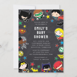 Chibi Justice League Chalkboard Baby shower Kaart