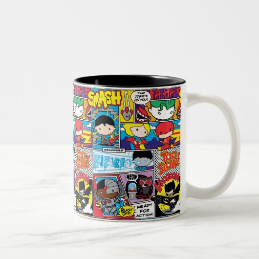 Chibi Justice League Comic Book Pattern Tweekleurige Koffiemok (Rechts)