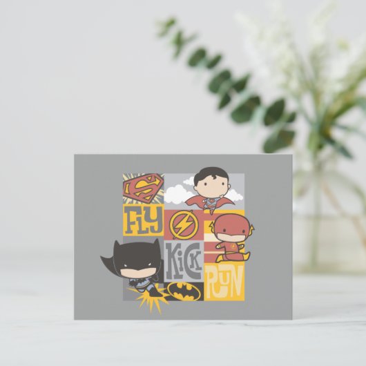 Chibi Justice League | Fly, Kick, Run Briefkaart (Staand voorkant)