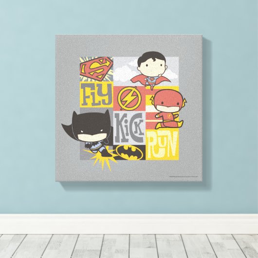 Chibi Justice League | Fly, Kick, Run Canvas Afdruk (Insitu (Houten vloer))