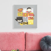 Chibi Justice League | Fly, Kick, Run Canvas Afdruk (Insitu (Woonkamer))