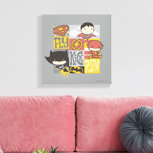 Chibi Justice League | Fly, Kick, Run Canvas Afdruk (Insitu (Woonkamer))