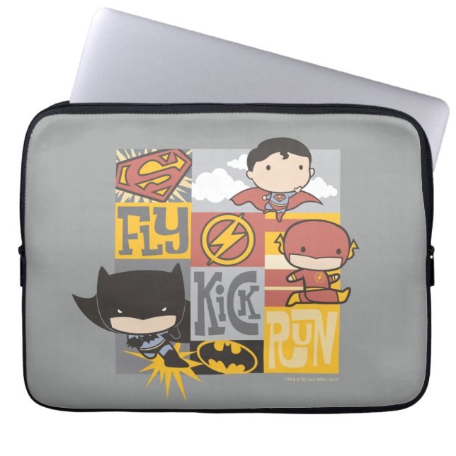 Chibi Justice League | Fly, Kick, Run Laptop Sleeve (Voorkant)