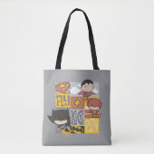 Chibi Justice League | Fly, Kick, Run Tote Bag (Voorkant)