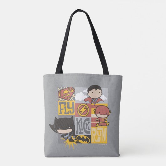 Chibi Justice League | Fly, Kick, Run Tote Bag (Achterkant)