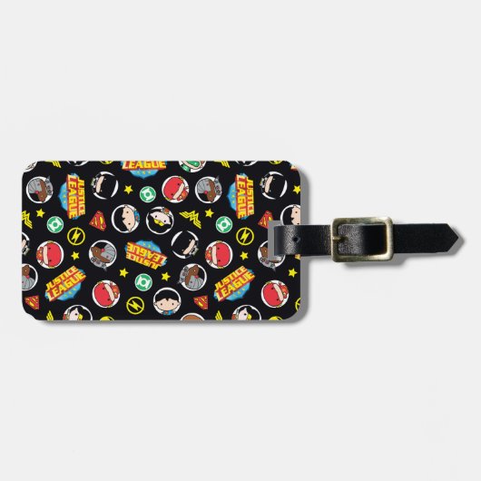 Chibi Justice League Heroes en Logos Pattern Bagagelabel (Voorkant horizontaal)