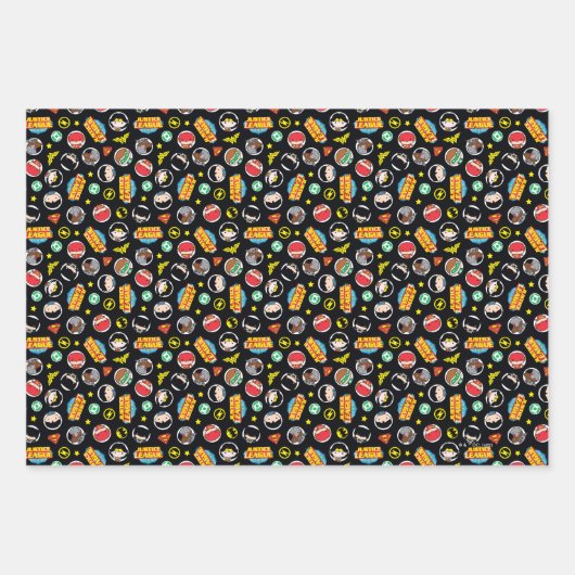 Chibi Justice League Heroes en Logos Pattern Inpakpapier Vel (Voorkant)